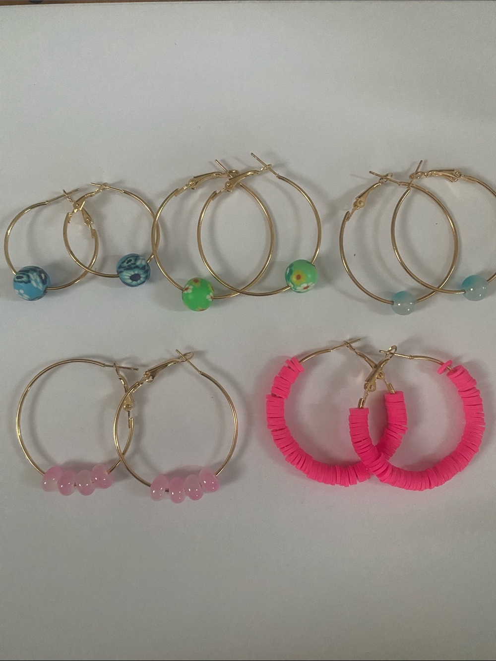 Gold Hoop Earrings with Colorful Beads and Pink Discs